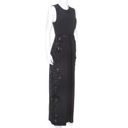 Pre Owned Elie Saab Black Crepe Tulle Embellished Sleeveless Maxi Gown S