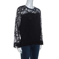 Elie Saab Black Knit Lace Trim Detail Top M