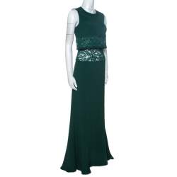 Elie Saab Green Crepe Lace Insert Sleeveless Maxi Dress XS