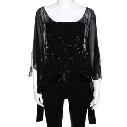 Elie Saab Black Silk Sequin Embellished Sheer Kaftan Top L
