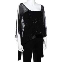 Elie Saab Black Silk Sequin Embellished Sheer Kaftan Top L