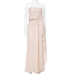 Pre Owned Elie Saab Cream Silk Embellished Draped Strapless Dress S