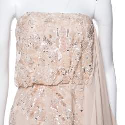 Pre Owned Elie Saab Cream Silk Embellished Draped Strapless Dress S