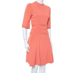Pre Owned Elie Saab Salmon Pink Knit Scalloped Flared Midi Dress S