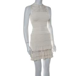 Pre Owned Elie Saab Cream Knit Lace Trim Detail Fit & Flare Dress S 