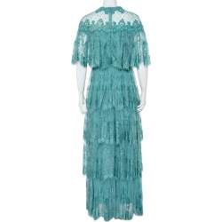 Pre Owned Elie Saab Turquoise Blue Embroidered Lace Overlay Detail Tiered Maxi Dress M