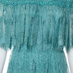 Pre Owned Elie Saab Turquoise Blue Embroidered Lace Overlay Detail Tiered Maxi Dress M