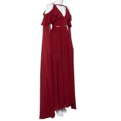 Pre Owned Elie Saab Burgundy Silk Cape Sleeve Detail Cold Shoulder Belted Ruffled Gown XS