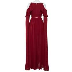 Pre Owned Elie Saab Burgundy Silk Cape Sleeve Detail Cold Shoulder Belted Ruffled Gown XS