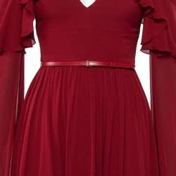 Pre Owned Elie Saab Burgundy Silk Cape Sleeve Detail Cold Shoulder Belted Ruffled Gown XS