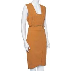 Elie Saab Camel Brown Crepe Pleated Detail Belted Sleeveless Dress S  