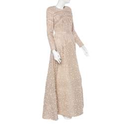 Pre Owned Elie Saab Beige Bead Embellished Lace & Tulle Long Sleeve Gown S