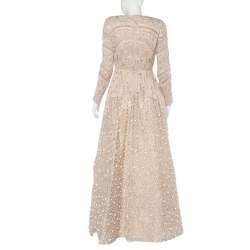 Pre Owned Elie Saab Beige Bead Embellished Lace & Tulle Long Sleeve Gown S