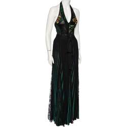 Pre Owned Elie Saab Green Embroidered Lurex Knit & Lace Trim Body Suit & Skirt Set S