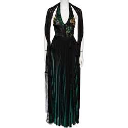 Pre Owned Elie Saab Green Embroidered Lurex Knit & Lace Trim Body Suit & Skirt Set S