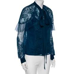 Elie Saab Teal Blue Chantilly Lace Tulle Neck Tie Detail Blouse S 