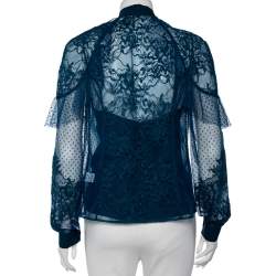 Elie Saab Teal Blue Chantilly Lace Tulle Neck Tie Detail Blouse S 