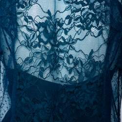 Elie Saab Teal Blue Chantilly Lace Tulle Neck Tie Detail Blouse S 