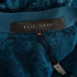 Elie Saab Teal Blue Chantilly Lace Tulle Neck Tie Detail Blouse S 