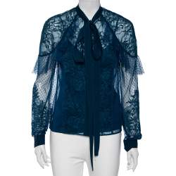 Elie Saab Teal Blue Chantilly Lace Tulle Neck Tie Detail Blouse S 