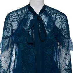 Elie Saab Teal Blue Chantilly Lace Tulle Neck Tie Detail Blouse S 