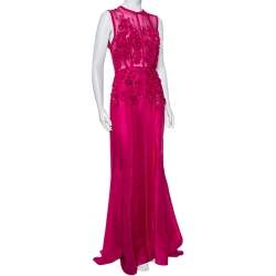 Pre Owned Elie Saab Pink Silk Embellished Floral Applique Sleeveless Gown S