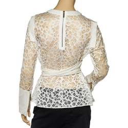 Pre Owned Elie Saab Off White lace & Silk Paneled Pintuck Detail Top S