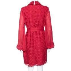 Elie Saab Red Lace Collared Shift Dress M