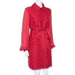 Elie Saab Red Lace Collared Shift Dress M