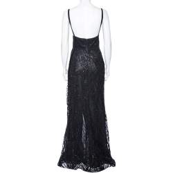 Elie Saab Black Sequin Embellished Tulle High Slit Trail Detail Evening Gown M