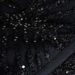 Elie Saab Black Sequin Embellished Tulle High Slit Trail Detail Evening Gown M