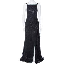 Elie Saab Black Sequin Embellished Tulle High Slit Trail Detail Evening Gown M