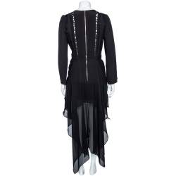 Pre Owned Elie Saab Black Crepe & Lace Trimmed Asymmetrical Hem Midi Dress S