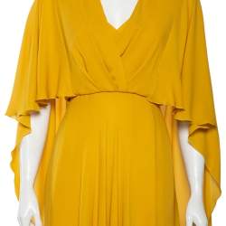 Pre Owned Elie Saab Yellow Crepe Cape Detailed Maxi Dress L