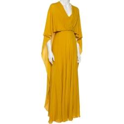 Pre Owned Elie Saab Yellow Crepe Cape Detailed Maxi Dress L