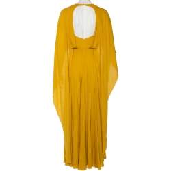 Pre Owned Elie Saab Yellow Crepe Cape Detailed Maxi Dress L