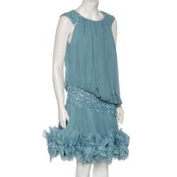 Pre Owned Elie Saab Blue Sequin Embellished Silk Ruffled Short Dress M