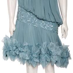 Pre Owned Elie Saab Blue Sequin Embellished Silk Ruffled Short Dress M