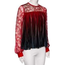 Pre Owned Elie Saab Red Ombre Lace & Fringed Overlay Long Sleeve Top S