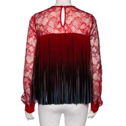 Pre Owned Elie Saab Red Ombre Lace & Fringed Overlay Long Sleeve Top S
