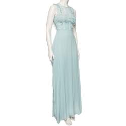 Pre Owned Elie Saab Light Blue Lace & Silk Georgette Sleeveless Maxi Dress S