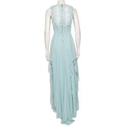 Pre Owned Elie Saab Light Blue Lace & Silk Georgette Sleeveless Maxi Dress S