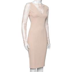 Pre Owned Elie Saab Peach Crepe & Lace Inset Midi Dress S