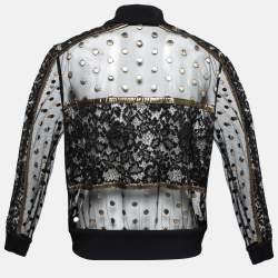 Pre Owned Elie Saab Black & Gold Embroidered Tulle & Lace Inset Bomber Jacket M