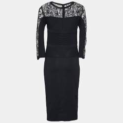مملوكة مسبقًا Elie Saab Black Jersey Lace Laser Cut Detail Dress S