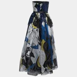 Pre Owned Elie Saab Blue & Black Sequin Embellished Organza Strapless Gown Dress M