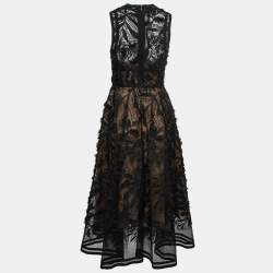 Elie Saab Black Lace Embroidered Flared Midi Dress S 