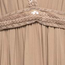 Pre Owned Elie Saab Taupe Brown Embroidered Silk Maxi Dress L