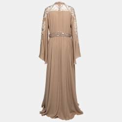 Pre Owned Elie Saab Taupe Brown Embroidered Silk Maxi Dress L