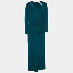 Pre Owned Elie Saab Green Jersey Lace Detail Draped Maxi Dress L